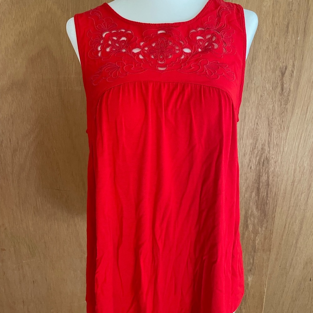 Red flowy tank top, cut out roses on chest, tie in back, size S